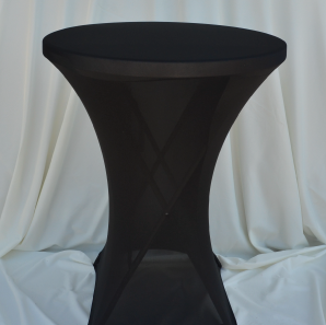 Close up of a black spandex tablecloth on a cocktail table.
