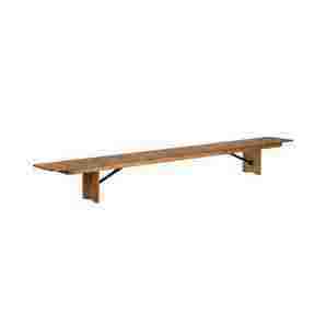 Rustic pine folding farm bench in front of a white background.