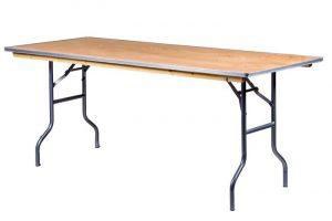 72 inch by 30 inch wood rectangular table with metal trim in front of a white background.